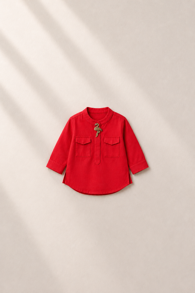 Baby wearing Anaario Red Flamingo-Motif Baby Kurta Set, red kurta with flamingo motif, newborn to 24 months