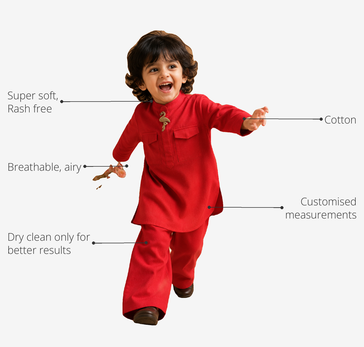 Anaario Red Flamingo-Motif Boys' Kurta Set key features