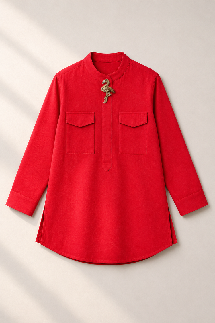 Red Flamingo-Motif Kurta Set - kurta flat lay