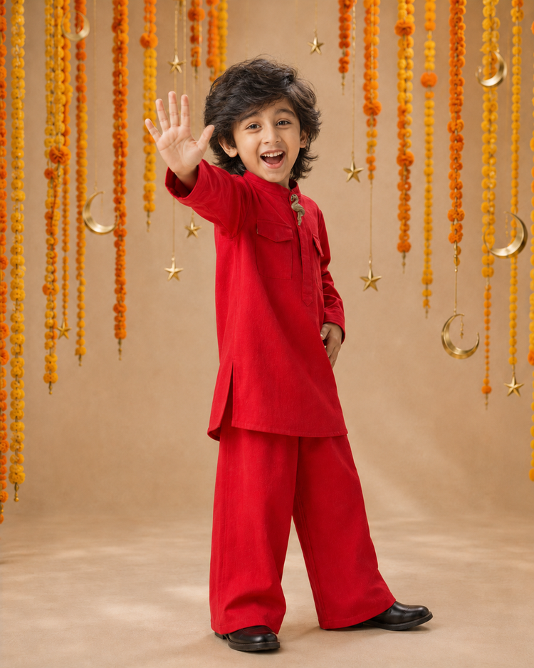 Red Flamingo-Motif Kurta Set - boy waving festive