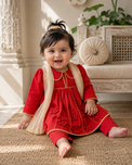 Baby wearing Anaario Red Floral Anarkali Set, red dress with pants and dupatta, newborn to 24 months