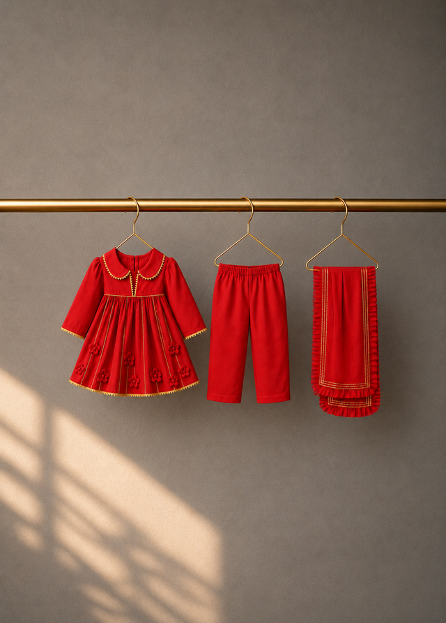 Anaario Red Floral Anarkali Set, red dress pants and dupatta on hangers