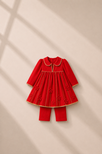 Anaario Red Floral Anarkali Set, red dress flat lay with 3D floral appliques