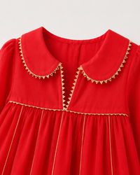 Anaario Red Floral Anarkali Set, close up of peter-pan collar with gold rickrack trim