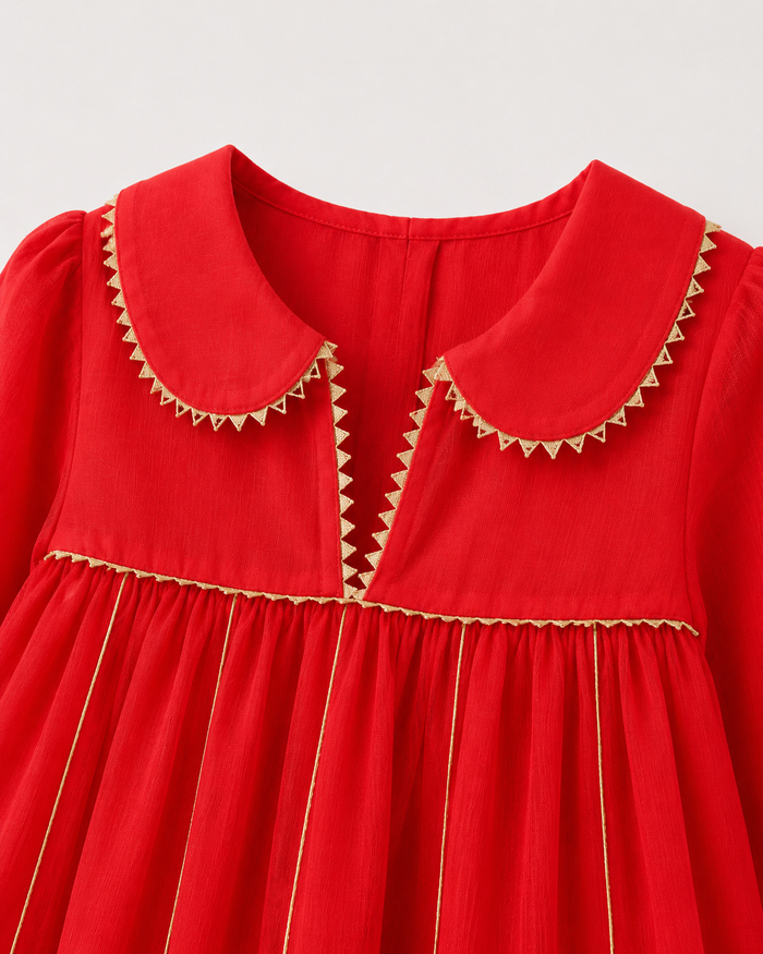 Anaario Red Floral Anarkali Set, close up of peter-pan collar with gold rickrack trim