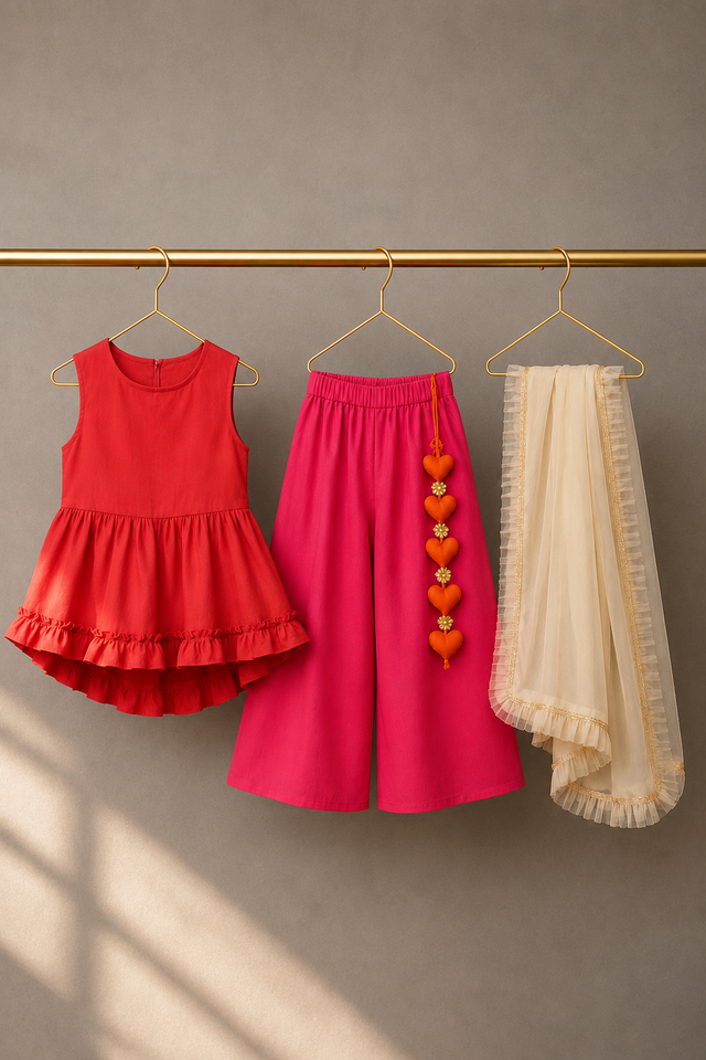 Girl wearing Anaario Red Pink Palazzo Set