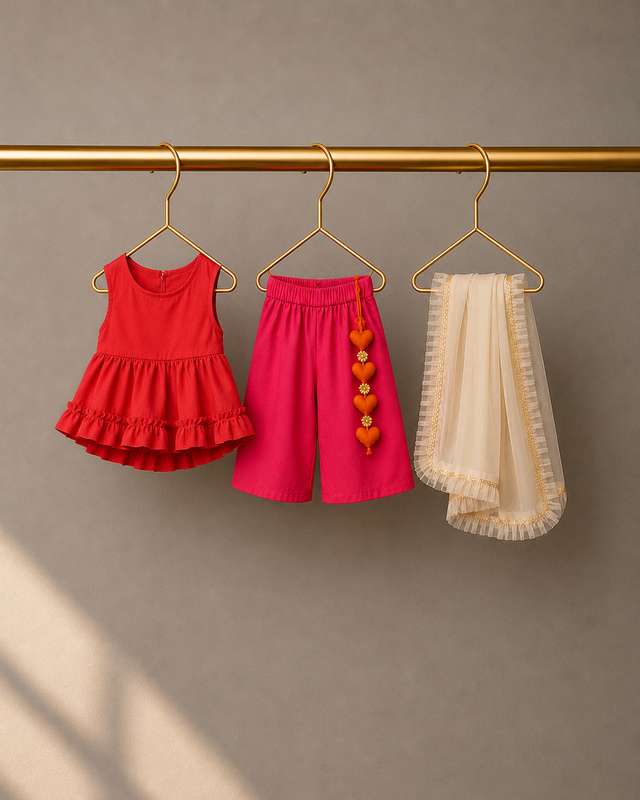 Anaario Red Pink Peplum Co-ord Set, red top pink pants and dupatta on hangers
