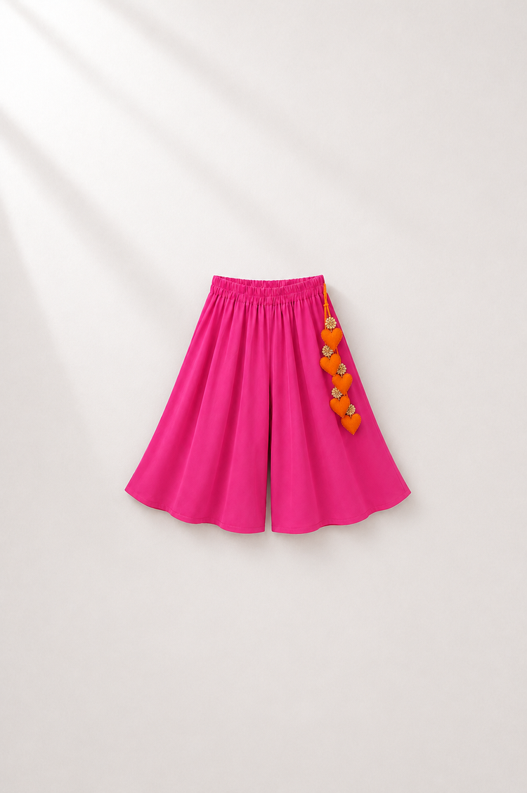 Anaario Red Pink Peplum Co-ord Set, pink palazzo pants flat lay with heart-charm tassel