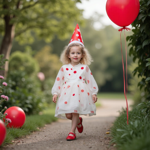 Girl wearing Anaario Polka-Dot Pixie Dress, white organza dress with red polka dot print