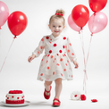 Girl wearing Anaario Polka-Dot Pixie Dress, white organza dress with red polka dot print