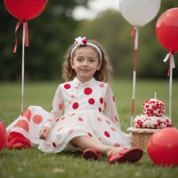 Girl wearing Anaario Polka-Dot Pixie Dress, white organza dress with red polka dot print