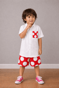 Boy wearing Anaario Red Pop Pocket Shirt Set