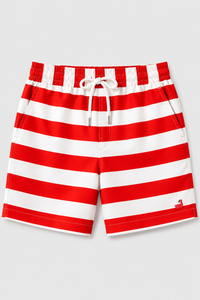 Boy wearing Anaario Red Stripe Shirt, red and white striped shirt, shown styled with matching shorts