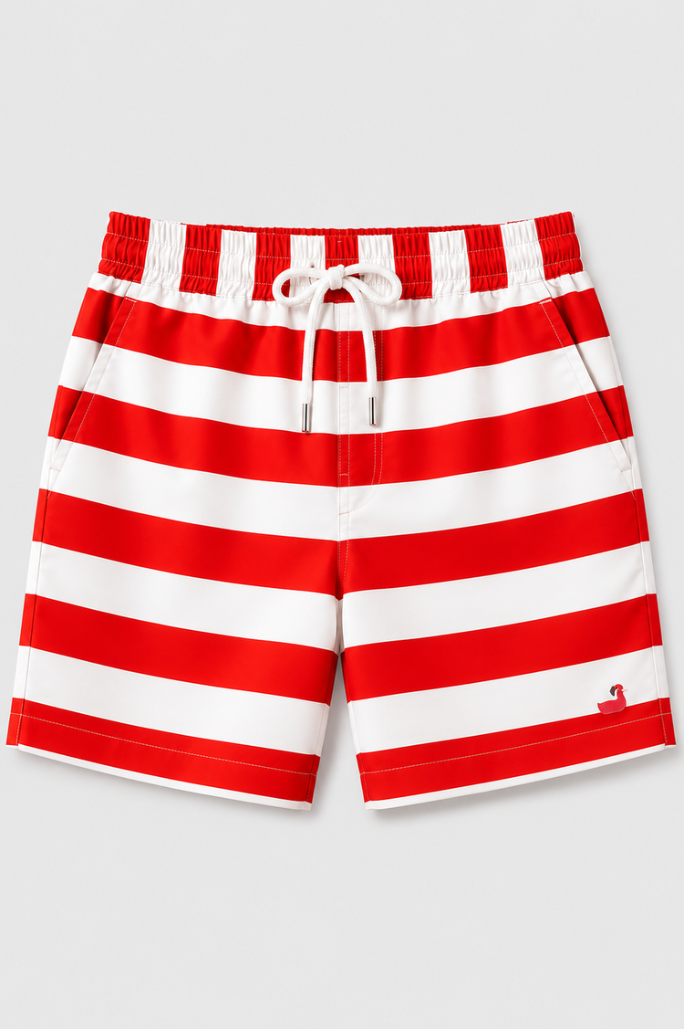 Boy wearing Anaario Red Stripe Shirt, red and white striped shirt, shown styled with matching shorts
