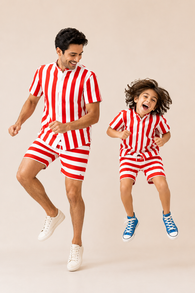 Boy wearing Anaario Red Stripe Shirt, red and white striped shirt, shown styled with matching shorts