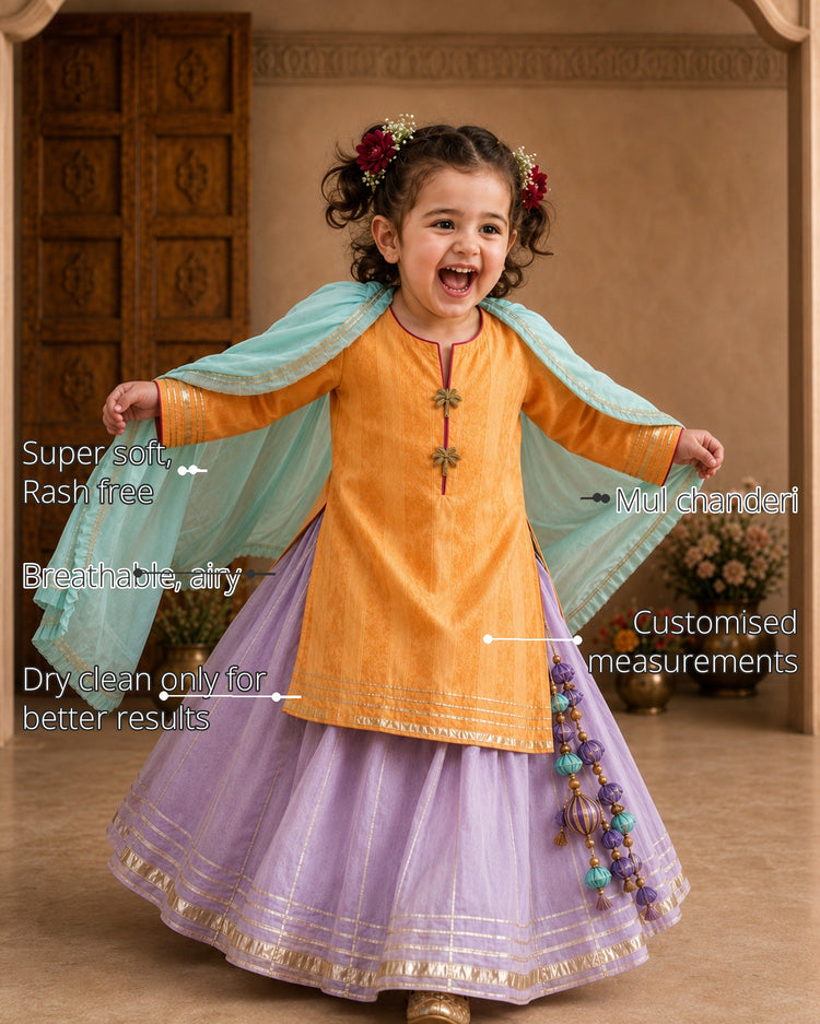 Orange Palm Girls' Lehenga Set features