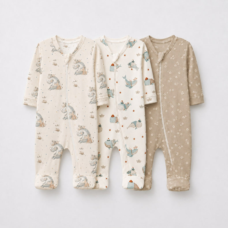 Rhino & Whale bamboo baby sleepsuit combo — coordinating full-sleeve two-way zip romper onesies