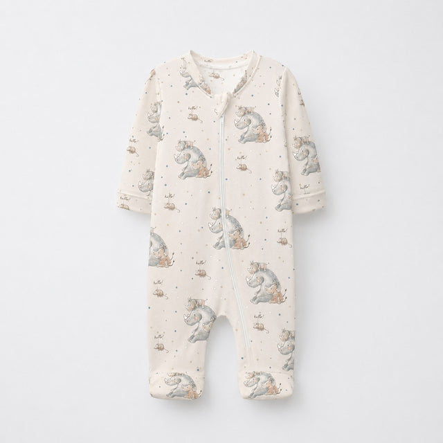 Rhino & Whale bamboo cotton baby sleepsuit — two-way zip romper onesie