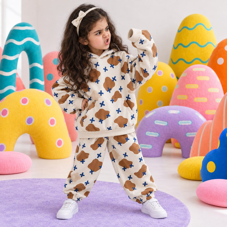 Brown-Beige Cross Hooded Barrel Pant Set on girl by Anaario – winter kidswear