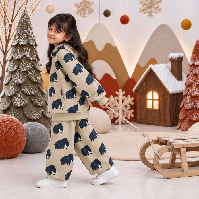 Beige Mammoth Hooded Barrel Pant Set on girl by Anaario – winter kidswear