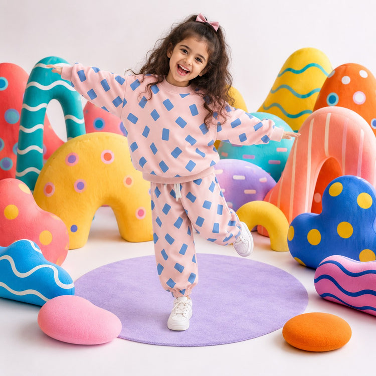 Pink-Blue Rectangle Jogger Set on girl by Anaario – winter kidswear