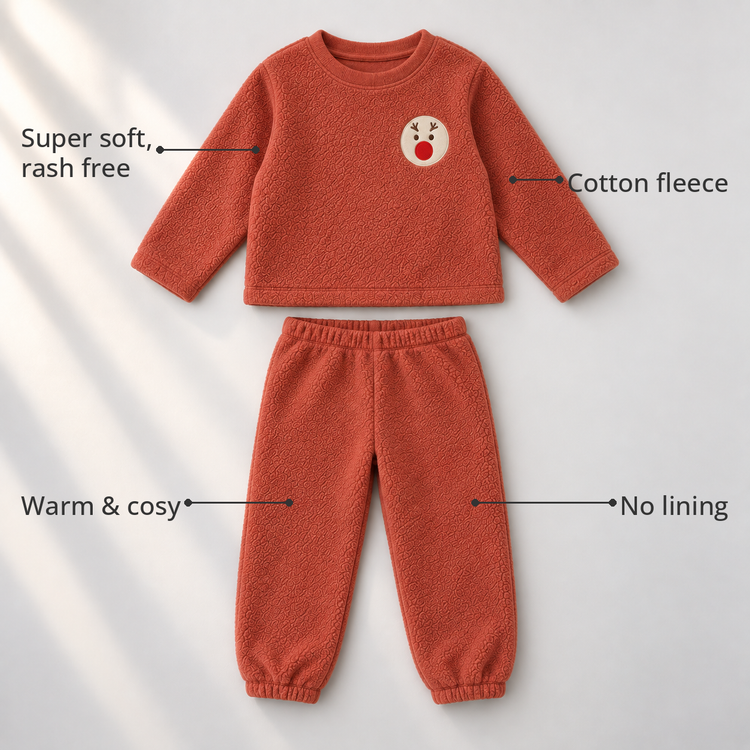 Rust Reindeer Fleece Set feature highlights by Anaario – super soft, warm cotton fleece, no lining