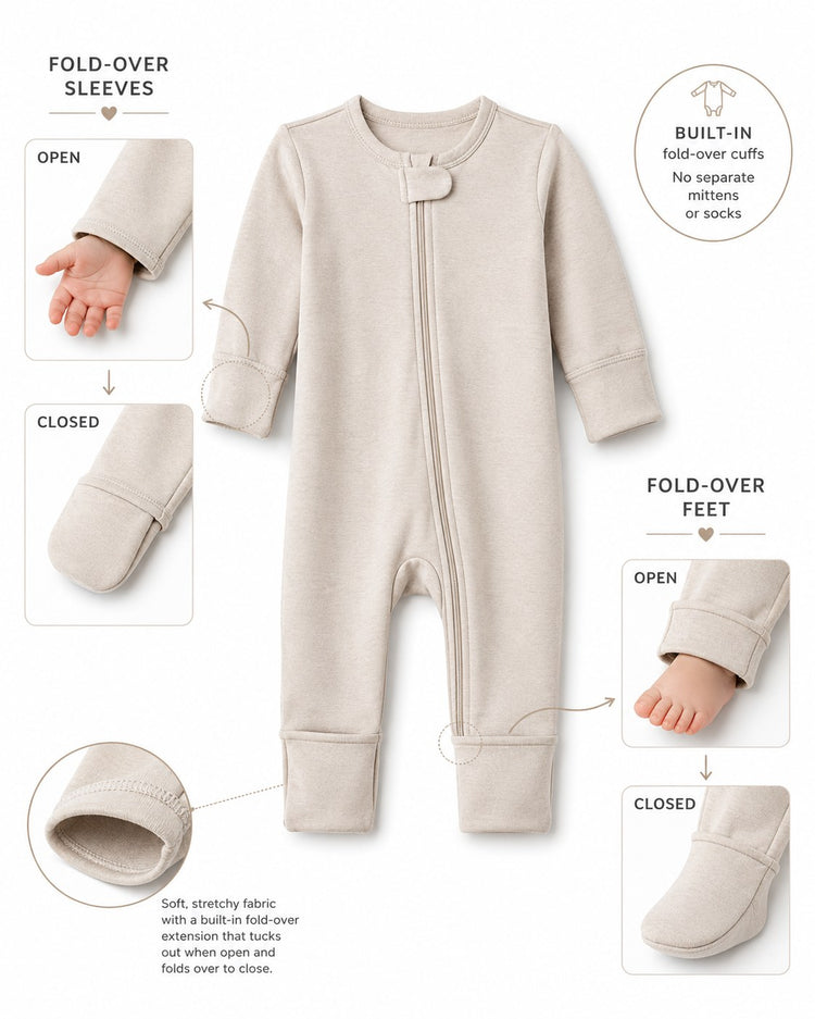 Sailboat & Friends bamboo baby sleepsuit — fold-over sleeves and feet convert to built-in mittens and booties