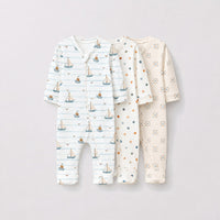 Sailboat & Friends bamboo baby sleepsuit combo — coordinating full-sleeve two-way zip romper onesies