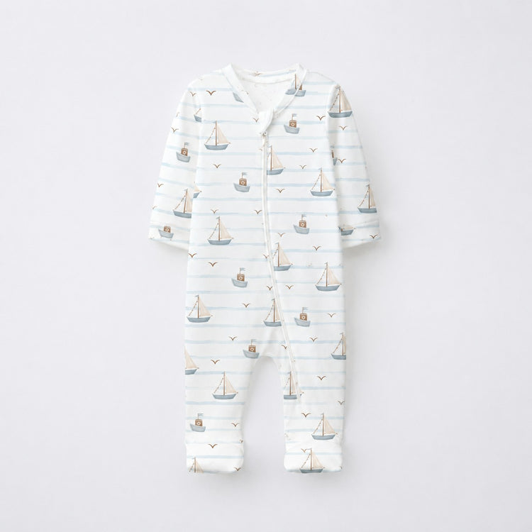 Sailboat & Friends bamboo cotton baby sleepsuit — footed zip-front sleepsuit, onesie romper