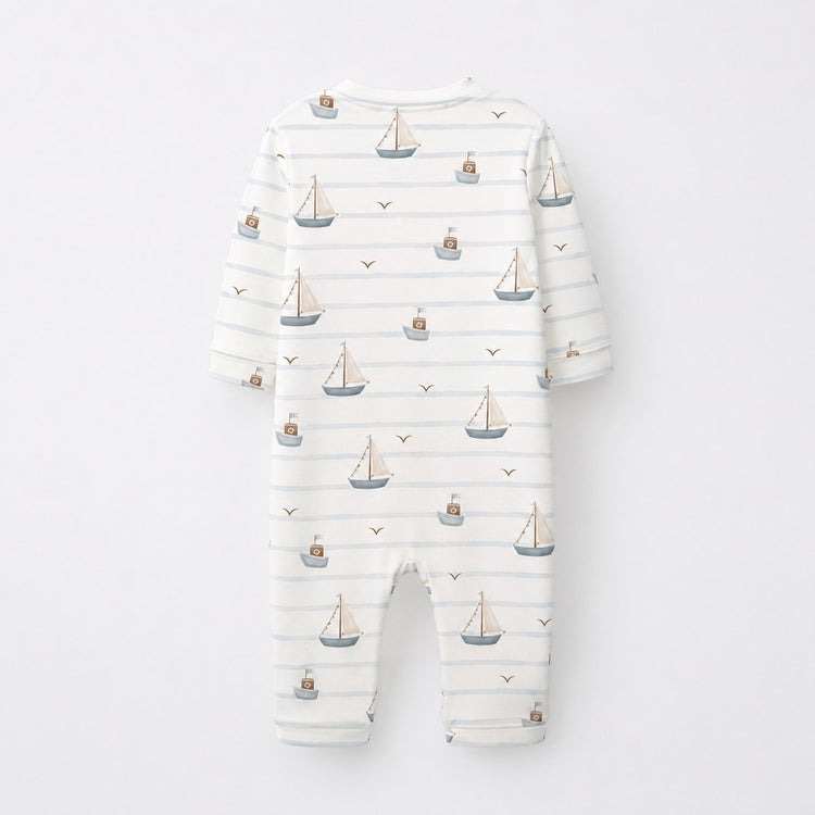 Sailboat & Friends bamboo cotton baby sleepsuit — bamboo cotton onesie romper flatlay