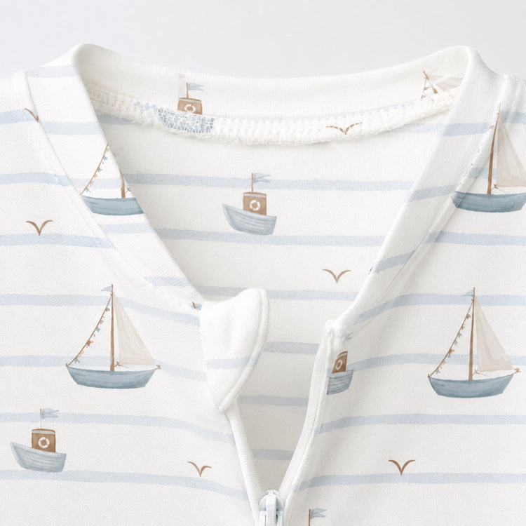 Sailboat & Friends bamboo cotton baby sleepsuit — zip romper onesie detail