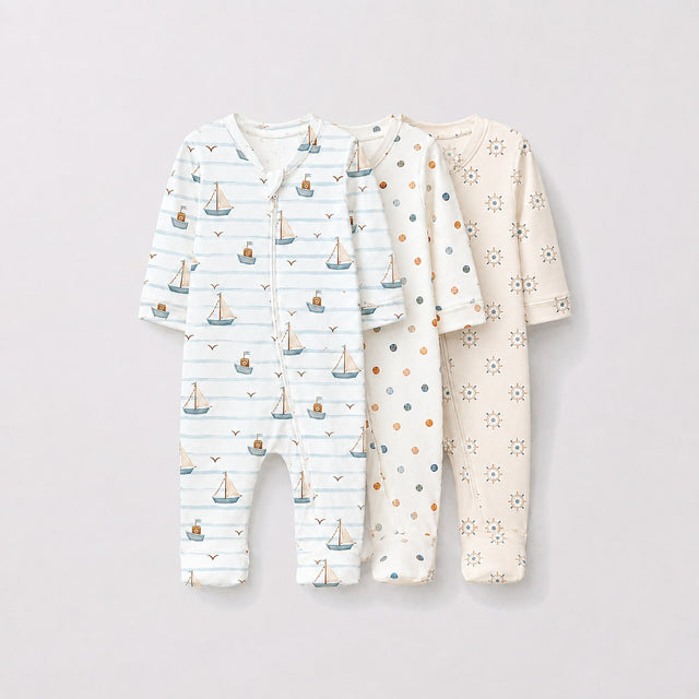 Sailboat & Friends bamboo baby sleepsuit combo — coordinating full-sleeve two-way zip romper onesies