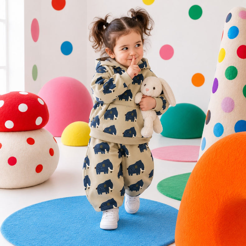 Beige Mammoth Hooded Barrel Pant Set on girl by Anaario – winter kidswear