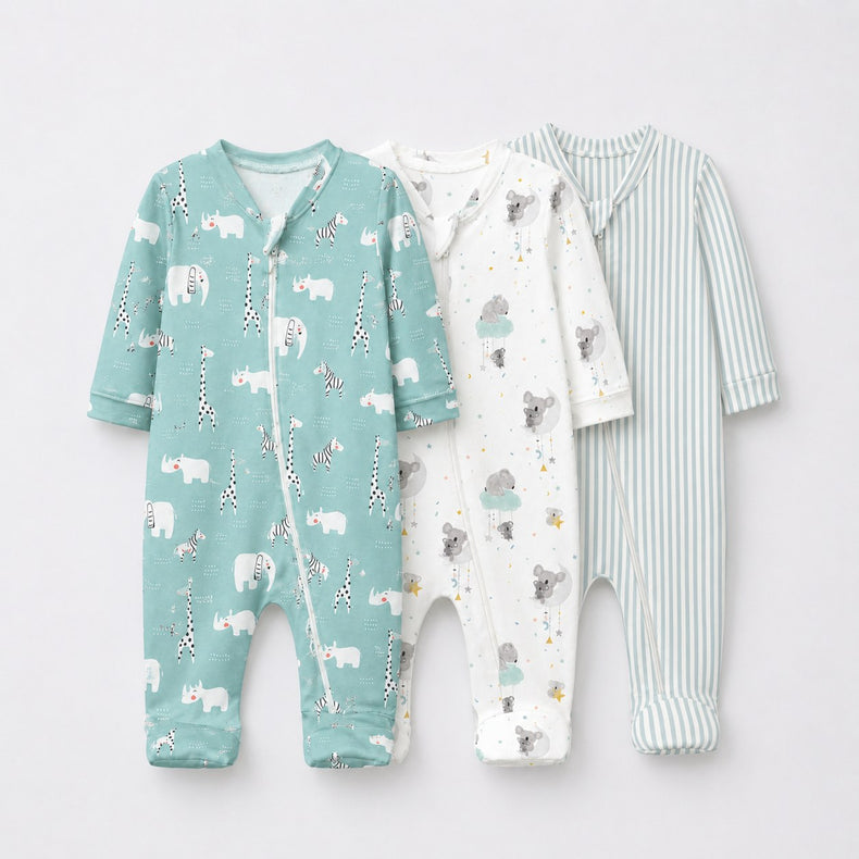 Sea-Green Animals bamboo baby sleepsuit combo — coordinating full-sleeve two-way zip romper onesies