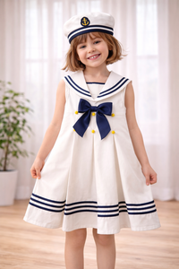 Girl wearing Anaario Seaside Sailor Pleated Dress, white sailor-collar pleated dress with navy bow and sailor cap