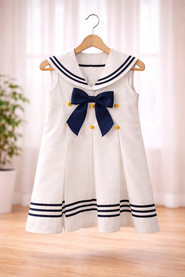 Girl wearing Anaario Seaside Sailor Pleated Dress, white sailor-collar pleated dress with navy bow and sailor cap