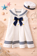 Girl wearing Anaario Seaside Sailor Pleated Dress, white sailor-collar pleated dress with navy bow and sailor cap
