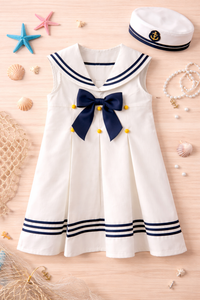 Girl wearing Anaario Seaside Sailor Pleated Dress, white sailor-collar pleated dress with navy bow and sailor cap