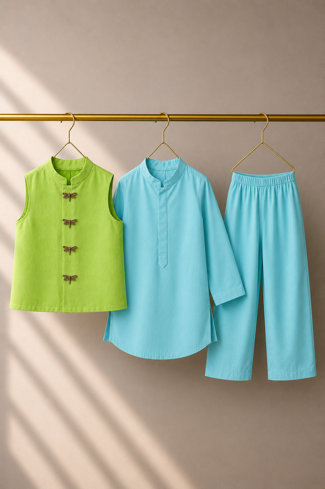 Sky Blue Dragonfly-Motif Waistcoat Set (Lime Waistcoat) - flat lay, waistcoat, kurta and pants