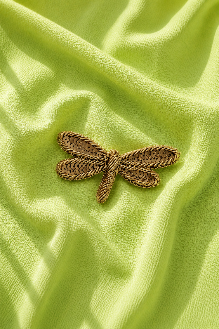 Dragonfly embroidered motif, close-up detail