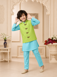 Sky blue dragonfly-motif waistcoat set with lime waistcoat by Anaario