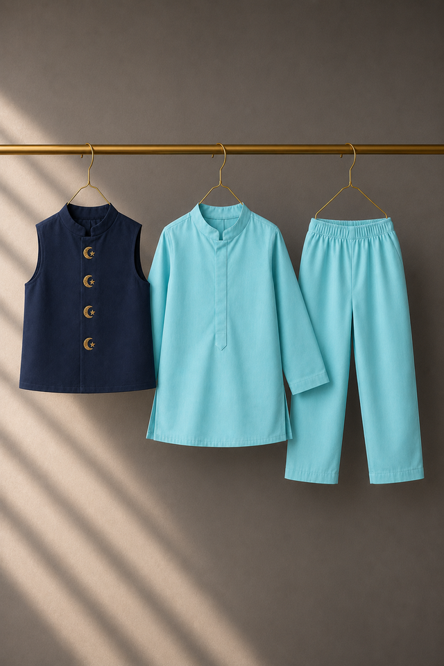 Sky Blue Moon-Star Waistcoat Set (Navy Waistcoat) - flat lay, waistcoat, kurta and pants