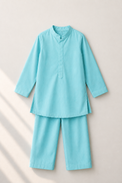 Sky Blue Dragonfly-Motif Kurta and Pants - flat lay