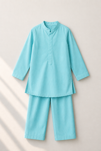 Sky Blue Dragonfly-Motif Kurta and Pants - flat lay