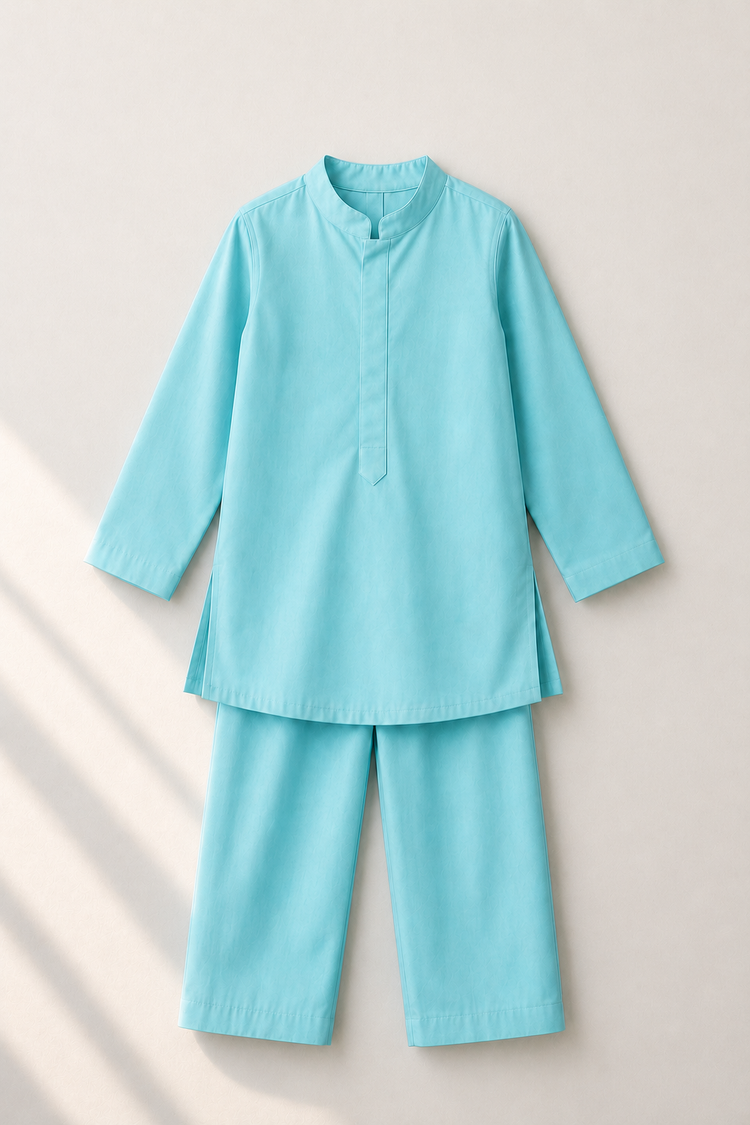 Sky Blue Dragonfly-Motif Kurta and Pants - flat lay