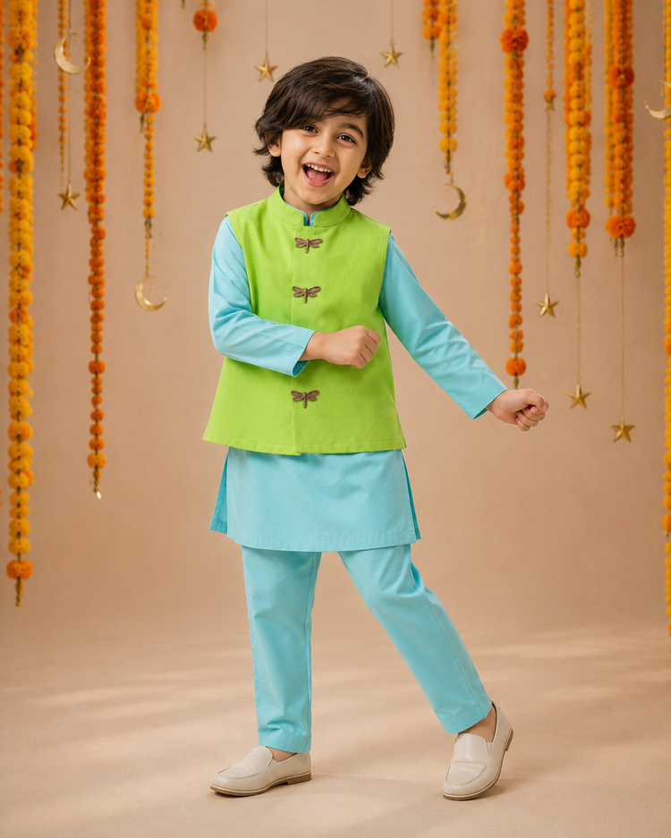 Sky Blue Dragonfly-Motif Waistcoat Set (Lime Waistcoat) - festive lifestyle photo, marigold and crescent backdrop
