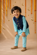 Sky Blue Moon-Star Waistcoat Set (Navy Waistcoat) - festive lifestyle photo, marigold and crescent backdrop