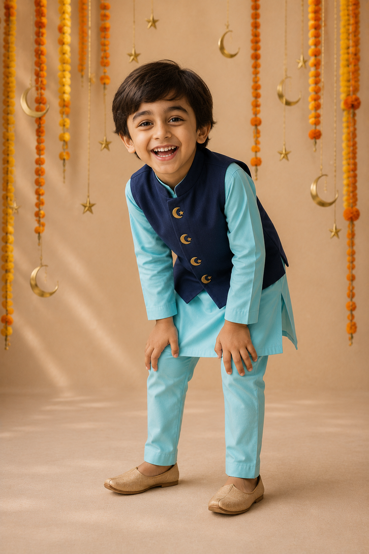 Sky Blue Moon-Star Waistcoat Set (Navy Waistcoat) - festive lifestyle photo, marigold and crescent backdrop