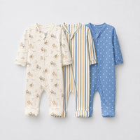 Sleeping Teddy bamboo baby sleepsuit combo — coordinating full-sleeve two-way zip romper onesies