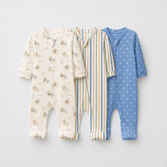 Sleeping Teddy bamboo baby sleepsuit combo — coordinating full-sleeve two-way zip romper onesies